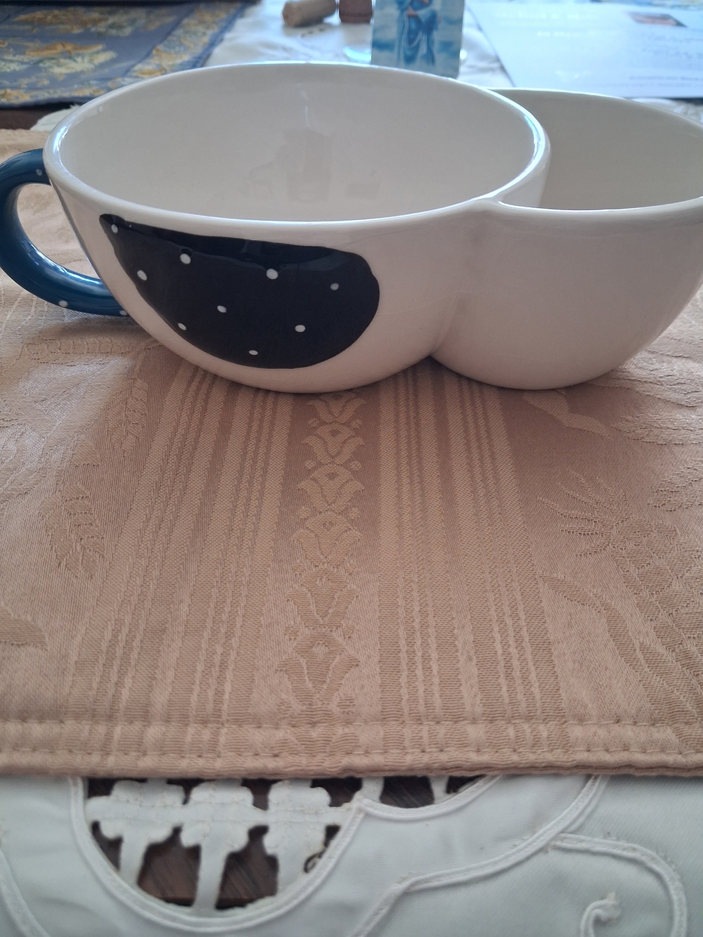 White Ceramic Double Dip Bowl with Blue Handle and Black Accent - Picture 4 of 6